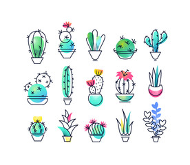 Colorful vector icons' set of indoor plants.