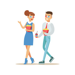 Couple With 3D Glasses And Popcorn Entering Cinema Room, Part Of Happy People In Movie Theatre Series