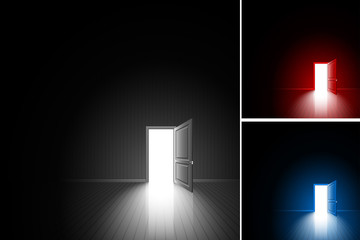 Open door in a dark room; Bright light outside - illuminates the floor; The concept of only decision, daring choice, exit, finding of freedom; Chance to achieving the goal; Vector background set Eps10
