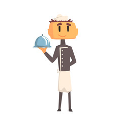 Professional Cook In Classic Double Breasted Grey Jacket And Toque Holding Covered Ready Dish