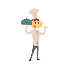 Professional Cook In Classic Double Breasted White Jacket And Toque Showing OK Gesture Holding Covered Dish