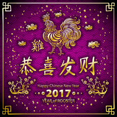 Gold Calligraphy 2017. Happy Chinese new year of the Rooster. vector concept spring. purple pink dragon scale background pattern