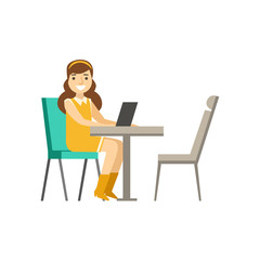 Fototapeta na wymiar Woman Sitting At Her Desk With Lap Top, Coworking In Informal Atmosphere In Modern Design Office Infographic Illustration
