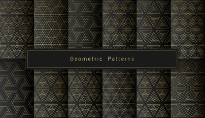 vector set of twelve golden polygonal geometric seamless patterns on black background. minimalistic style.