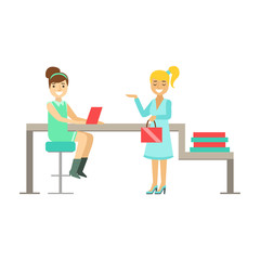 Girls Colleagues Chatting At Work, Coworking In Informal Atmosphere In Modern Design Office Infographic Illustration