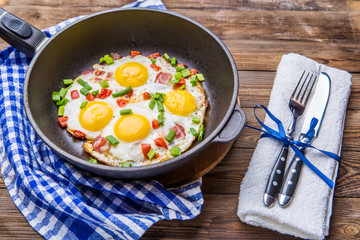 Fred eggs in pan with tomatoes and green fresh onion.