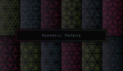 vector set of twelve acid polygonal geometric seamless patterns on black background. minimalistic style.