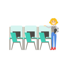 Fototapeta premium Woman Standing Next To Set Of Similar Cubicles, Coworking In Informal Atmosphere In Modern Design Office Infographic Illustration