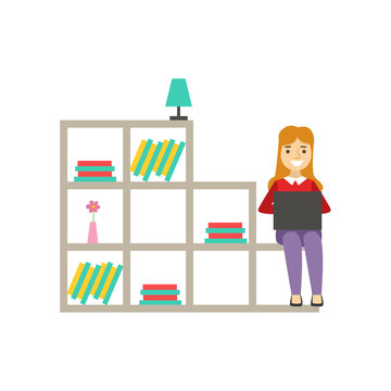 Woman Sitting With Lap Top On Set Of Shelves, Coworking In Informal Atmosphere In Modern Design Office Infographic Illustration