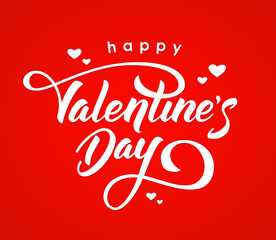 Vector illustration. Handwritten elegant modern brush lettering of Happy Valentines Day with hearts isolated on red background.