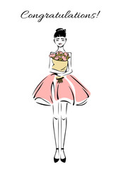 Beautiful girl standing and holding a bouquet of flowers on a white background. Congratulation