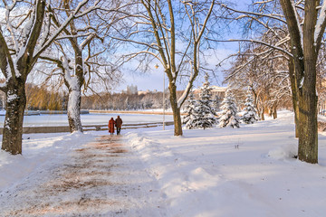 Foot walks on the snow-covered, frosty city. Minsk, Belarus