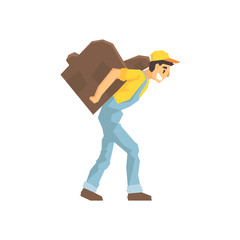 Worker Walking With Amchair On The Back, Delivery Company Employee Delivering Shipments Illustration