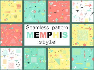 Fototapeta na wymiar Trendy geometric elements memphis cards, seamless pattern. Retro style texture. Modern abstract design poster, cover, card design