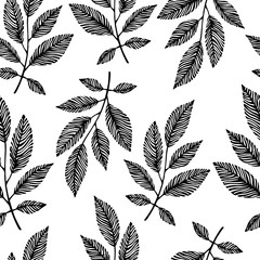 Seamless pattern with hand drawn branches. Black and white backg