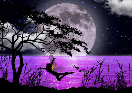 Fairy dancing in the moonlight cartoon character in the real world silhouette art photo manipulation