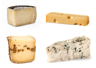 Various type of italian and swiss cheese: pecorino di Pienza, Sbirro, gorgonzola and Emmental.