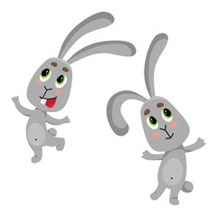 Set of cute and simple cartoon rabbits. Vector dancing hares