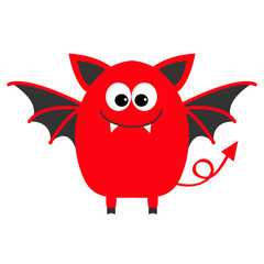 Funny monster with fang tooth and wings. Cute cartoon character. Red color. Baby collection. Isolated. Happy Halloween card. Flat design.