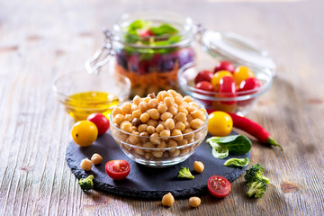 Chickpea and ingredients for cooking veggies salad, diet, vegeta
