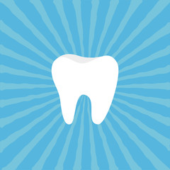 Healthy Tooth icon. Oral dental hygiene. Children teeth care. Blue sunburst starburst background with ray of light. Flat design.