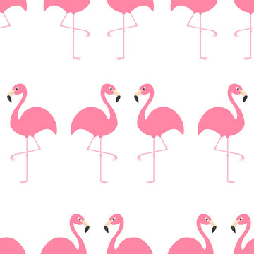 Flamingo Seamless Pattern Exotic tropical bird. Zoo animal collection. Cute cartoon character. Decoration element. White background. Isolated. Flat design.