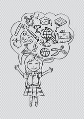 Cute girl sketch was thought bubble with education icons