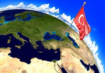 Turkey national flag marking the country location on world map. 3D rendering, parts of this image furnished by NASA