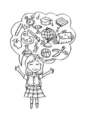 Cute girl sketch was thought bubble with education icons