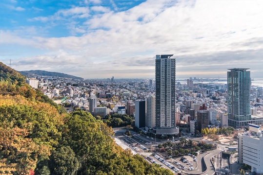 Aerial view of Kobe city in the autumn.