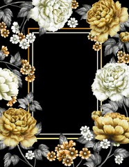 Card, Watercolor wedding invitation design with yellow peonies, bud, little flowers and leaves. Hand painted floral background for your text. Template. Frame. Black backdrop