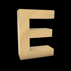 Wooden Letter E Isolated on Black 3D Illustration