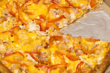 Slices of delicious tasty pizza closeup