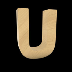 Wooden Letter U Isolated on Black 3D Illustration