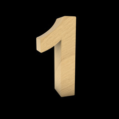 Wooden Number One Isolated on Black 3D Illustration