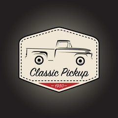 Classic logo of vintage pickup motor vehicle with retro icon badge design on black background. Vector illustration.