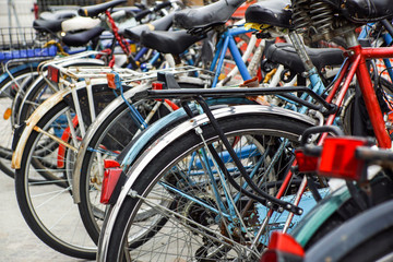 Detail view of a bike wheel with more bicycles lined up