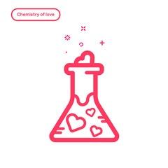 Vector illustration of icon concept chemestry of love. in flat bold line style. Valentines day graphic design pink flask filled with hearts. Outline object.