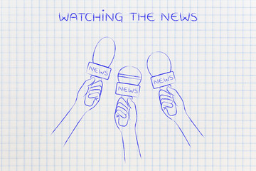 reporters microphones, news coverage & headlines concept