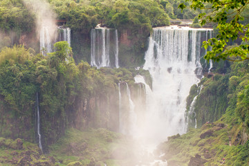 View of the Iguazu (Iguacu) falls, the largest series of waterfalls on the planet, located between Brazil, Argentina, and Paraguay with up to 275 separate waterfalls 