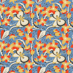 Floral seamless pattern with cute butterfly and dragonfly