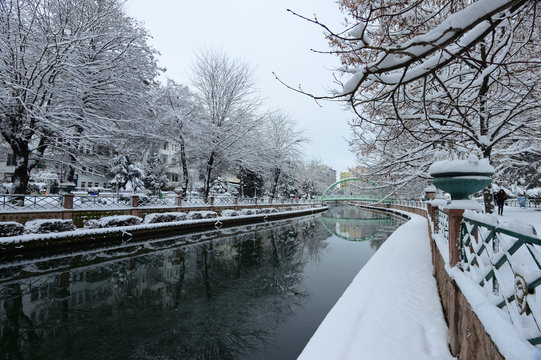 Nice winter landscape on Porsuk river and it's reflection in city center of Eskisehir, Turkey