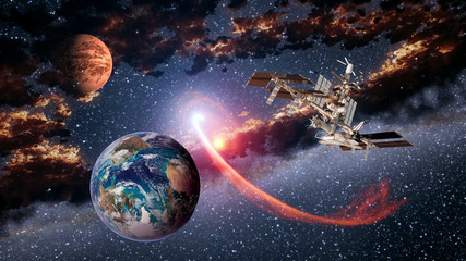 Space shuttle ship satellite spaceship Earth spacecraft planet Mars international station. Elements...