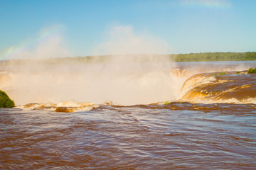 View of the Iguazu (Iguacu) falls, the largest series of waterfalls on the planet, located between Brazil, Argentina, and Paraguay. 