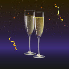 Glasses of champagne and streamer with rays of light on background. Champagne with bubbles in a wineglass with place for your text