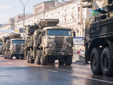 Pantsir-S1 (SA-22 Greyhound) combined short to medium range surface-to-air missile and anti-aircraft artillery weapon system moves on Tverskaya Street in Moscow.