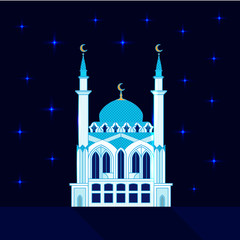 Mosque at night, flat vector