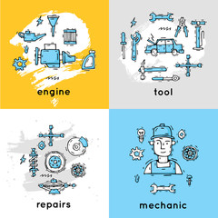 Mechanic. Auto engine repair elements. Suspension, painting, polishing. Car service. Hand drawn vintage style. Banners. Flat design vector illustration.