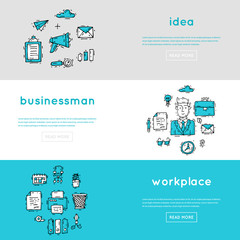 Office. Business, office work, workplace.Banners. Hand drawn vintage style. Flat design vector illustration.