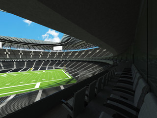 3D render of a round football stadium with black seatsnd VIP boxes a